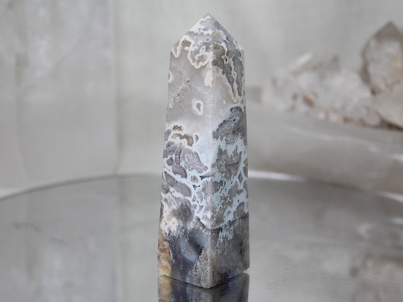 Flower Agate and Quartz Crystal Obelisk with Druzy, AAA Quality, 8.2 oz Crystal Tower from Indonesia, High Vibration, Energy Cleansed