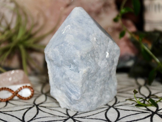A+ Blue Calcite Crystal Point, Top Polish Raw Edge, 9.8 oz from Brazil