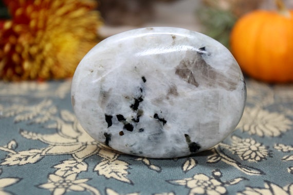 A+ Rainbow Moonstone Crystal Palm Stone with Tourmaline and Inclusions , 4.6 oz Crystal from Brazil