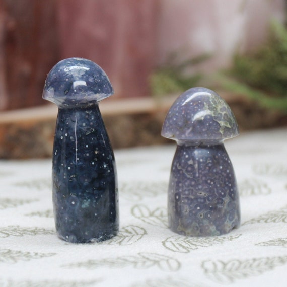 AA+ Grape Agate Mushroom Pair with Druzy, 1.8 oz Carved Purple Crystal Mushrooms from Indonesia