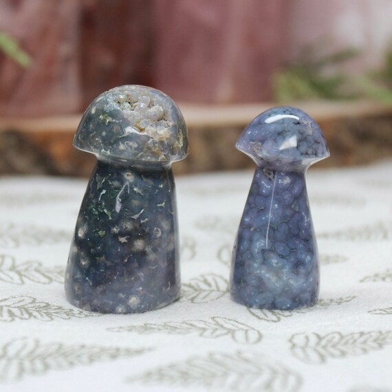 A+ Grape Agate Mushroom Pair with Druzy, 1.9 oz Carved Purple Crystal Mushrooms from Indonesia