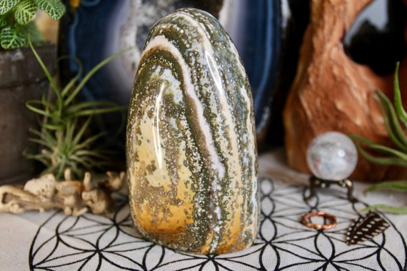 Ombre Ocean Jasper with White Lines, Polished Crystal Freeform, 37.9 oz