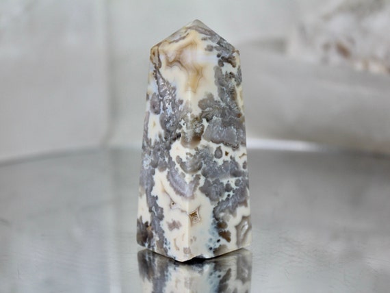 Flower Agate and Quartz Crystal Obelisk with Druzy, AA+ Quality, 4.9 oz Crystal Tower from Indonesia, High Vibration, Energy Cleansed