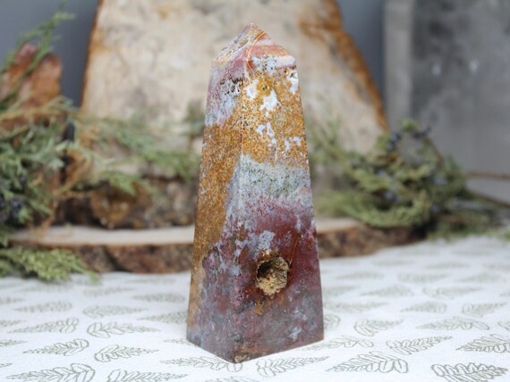 AA+ Ocean Jasper Obelisk with Druzy, 10.6 oz Polished Tower from Indonesia