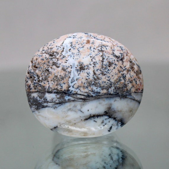 Dendritic Agate with Druzy and Pink Quartz Crystal Palmstone, A Quality, 0.9 oz Crystal Polished Cabochon Stone from Indonesia