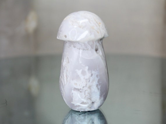 Snow Agate Crystal Carved Mushroom with Druzy, 6 oz AA+ Quality Crystal Mushroom from Indonesia