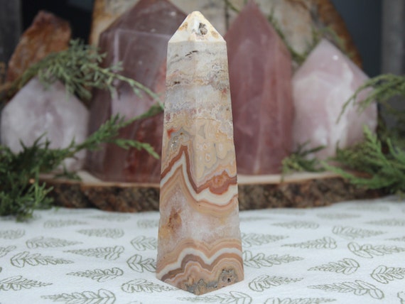 AAA+ Natural Crazy Lace Agate Tower with Quartz & Druzy, 4.7 oz Rare Pink Agate Obelisk from Indonesia