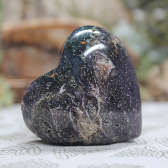 AAA+ Grape Agate Crystal Carved Heart with Druzy, 3.9 oz Polished Dark Purple and Teal Crystal Heart from Indonesia