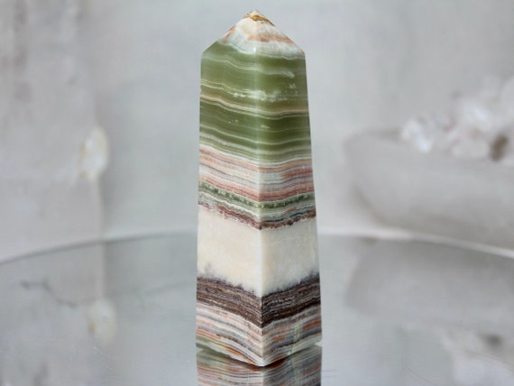 Green Banded Calcite Obelisk, AAA Quality, 7.5 oz Polished Calcite Tower from Indonesia, High Vibration, Reiki Charged, Free Fast Shipping