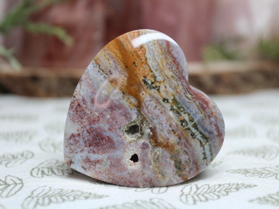 AAA+ Ocean Jasper Heart with Druzy, 3.3 oz Polished Palmstone from Indonesia