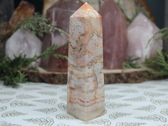 AA+ Natural Crazy Lace Agate Tower with Druzy, 5.6 oz Rare Pink Agate Obelisk from Indonesia