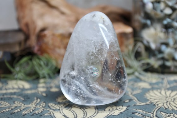 AA++ 0.44 lb Ultra Clear Quartz Polished Crystal with Rainbow Foils, Crystal Palmstone,  Exceptional Quality, 7.1 oz from Brazil