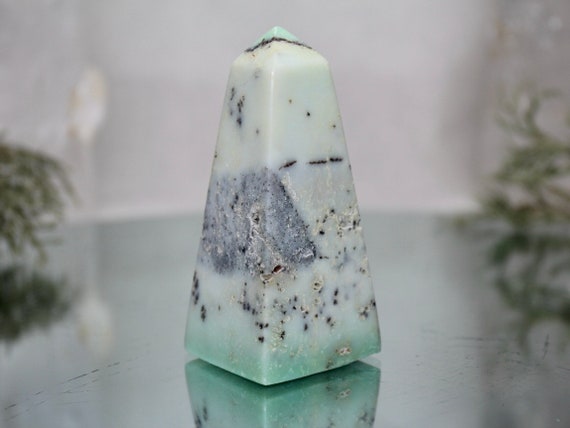 Dendritic Agate and Chrysoprase Crystal Obelisk, AA Quality Rare Stone, 5.5 oz Chrysoprase Tower from Indonesia
