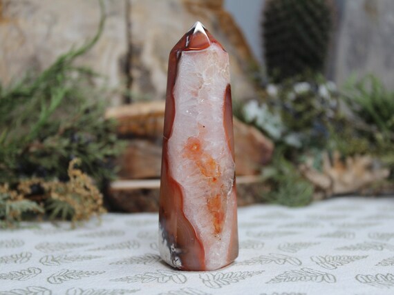 AAA+ Carnelian Crystal Generator Point with Clear Quartz and Rainbows, 5.3 oz Polished Crystal from Indonesia