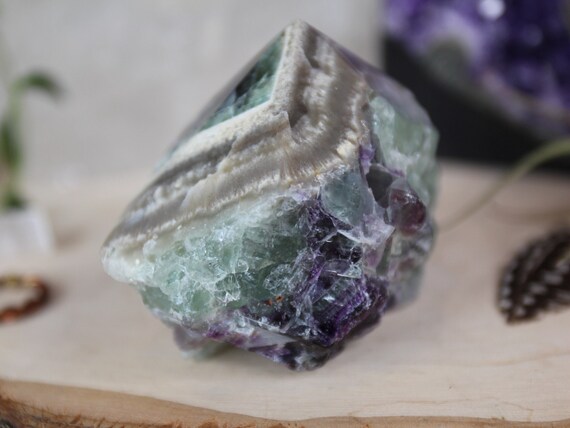 A+ Tricolor Chevron Fluorite Generator Point with Rainbows from Brazil, Top Polish And Raw Edge, 7.5 oz