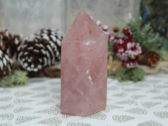 AA+ 1.11 lb Rose Quartz All Polish Crystal Generator Point with Rainbows, Faden Lines and Hematoid inclusions, 17.8 oz from Brazil