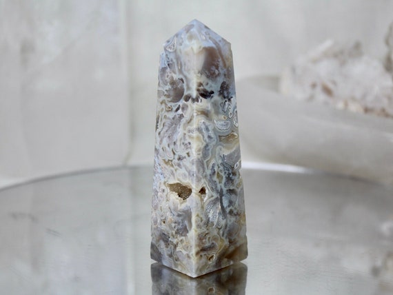 Flower Agate and Quartz Crystal Obelisk with Druzy, AAA++ Quality, 7.2 oz Crystal Tower from Indonesia, High Vibration, Energy Cleansed