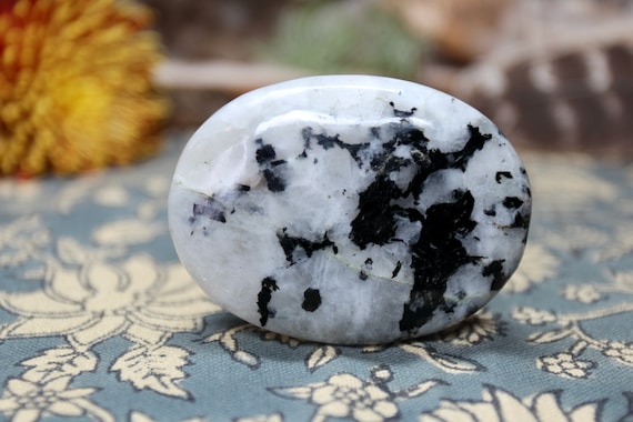 A+ Rainbow Moonstone Crystal Palm Stone with Tourmaline and Inclusions , 4.2 oz Crystal from Brazil