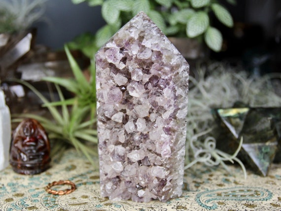 A+ Amethyst and Agate Point with Rainbows, Top polish and Raw Agate and Druzy Edge, 18.7 oz from Brazil