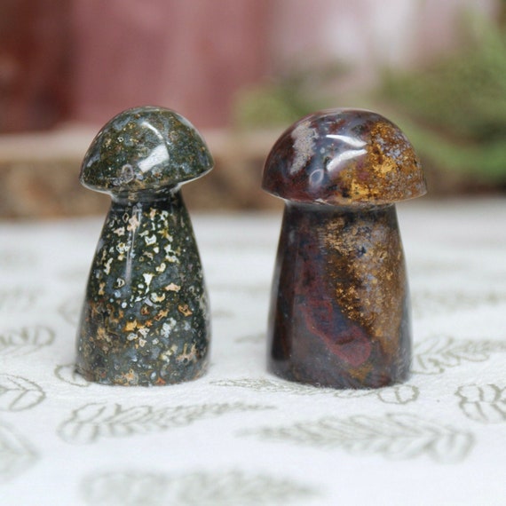 AA+ Ocean Jasper Mushroom Pair, 1.7 oz Carved Orbicular Jasper Crystal Mushrooms from Indonesia