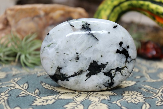 Rainbow Moonstone Crystal Palm Stone with Tourmaline and Inclusions , 5.1 oz Crystal from Brazil