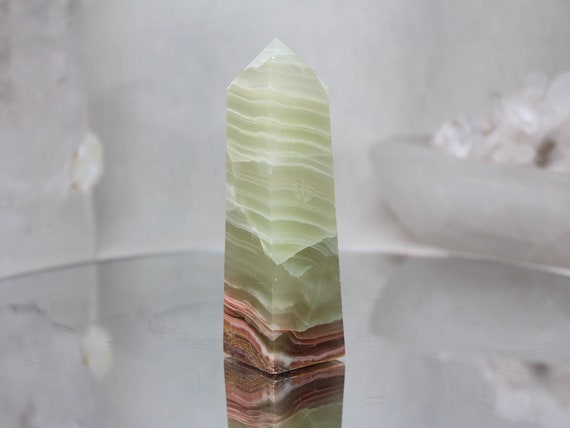 Green Banded Calcite Obelisk, A+ Quality, 5.1 oz Polished Calcite Tower from Indonesia, High Vibration, Reiki Charged, Free Fast Shipping