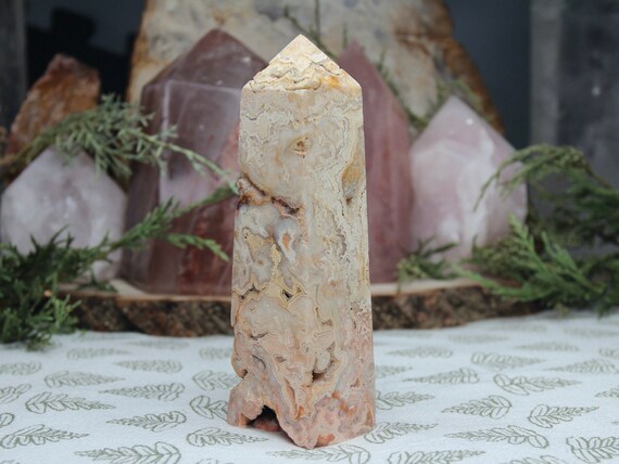 AAA+ Natural Crazy Lace Agate Tower with Druzy, 7.7 oz Rare Pink Agate Obelisk from Indonesia