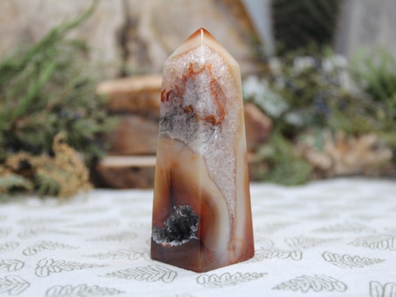 AAA+ Banded Carnelian and Clear Quartz Crystal Obelisk Tower with Geode, 4.8 oz Polished Crystal from Indonesia