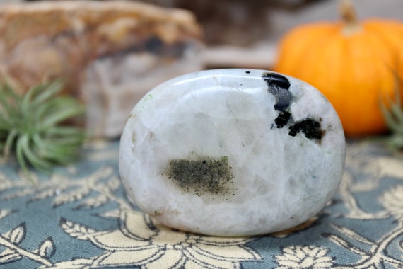 A+ Rainbow Moonstone Crystal Palm Stone with Tourmaline and Inclusions , 3.5 oz Crystal from Brazil