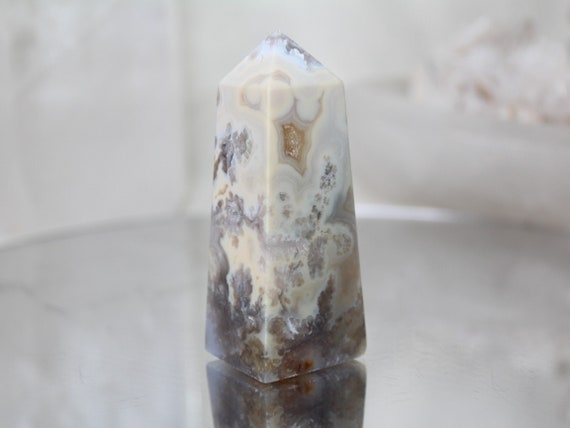 Flower Agate and Quartz Crystal Obelisk with Druzy, AA+ Quality, 6.0 oz Crystal Tower from Indonesia, High Vibration, Energy Cleansed