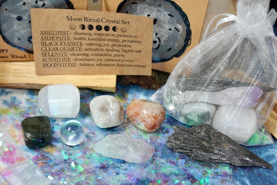 7 pc Moon Ritual Crystal Set; Amethyst, Black Kyanite, Labradorite, XXS Clear Quartz Sphere, Selenite, Sunstone, Moonstone, Palo Santo Stick