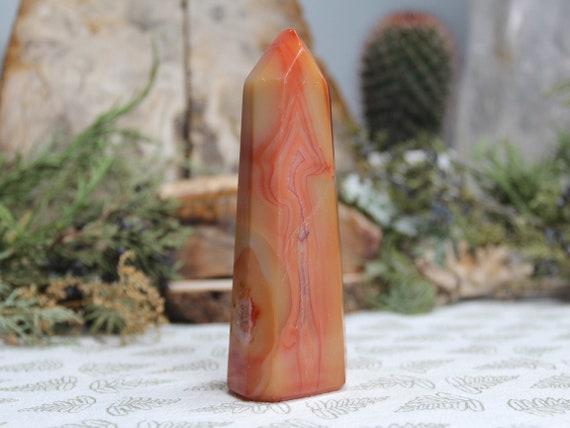 AAA+ Banded Carnelian Crystal Generator Point with Druzy, 7.0 oz Polished Crystal from Indonesia
