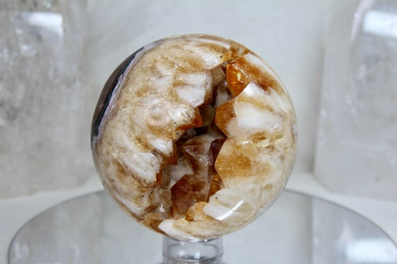 Special 143mm XL Citrine Geode Sphere with Agate and Stone Matrix, 130.0 oz, 8.13 lb Citrine from Brazil, Energy Charged, Free Fast Ship