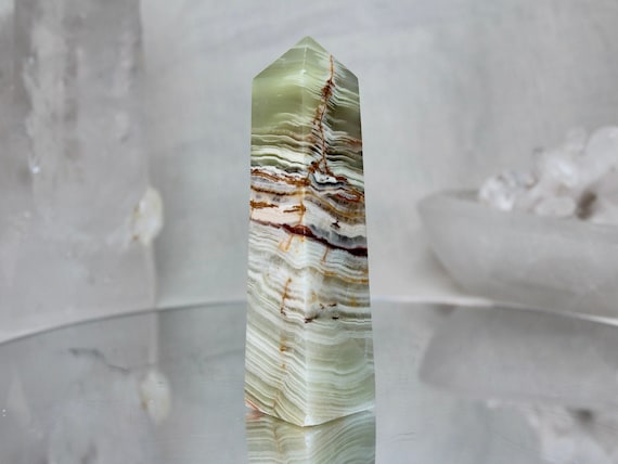 Green Banded Calcite Obelisk, AAA+ Quality, 6.9 oz Polished Calcite Tower from Indonesia, High Vibration, Reiki Charged, Free Fast Shipping