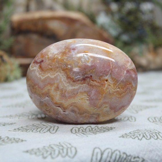 Rare AAA+ Natural Pink Lace Agate Crystal Palmstone with Druzy, 4.8 oz Polished Large Palmstone, Hand Stone from Indonesia