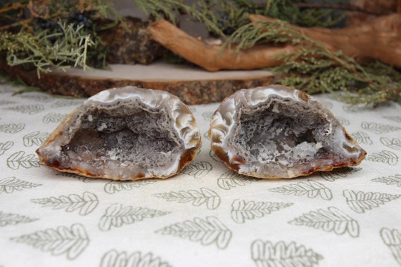 Grey and Tan Agate and Druzy Sliced Geode Pair, AA+ Quality, 9.7 oz from Brazil