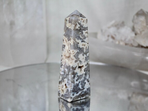 Flower Agate and Quartz Crystal Obelisk with Druzy, AAA Quality, 6.6 oz Crystal Tower from Indonesia, High Vibration, Energy Cleansed
