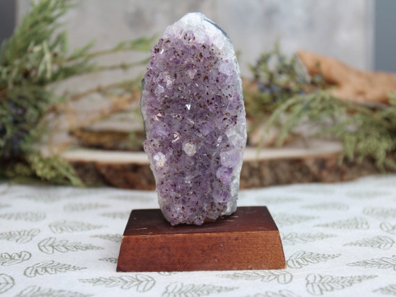 AA+ Amethyst Cluster on Agate Stone Matrix with Druzy on Wood Base, 7.8 oz Crystal on Base from Brazil