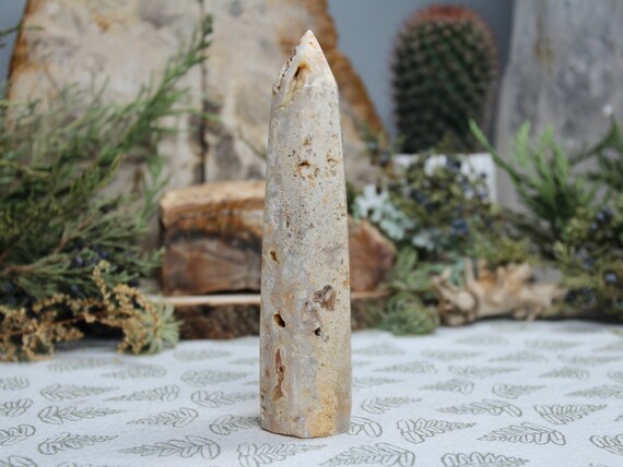 Rare AA+ Lace Agate Generator Point with Druzy, 5.9 oz Polished Point from Indonesia