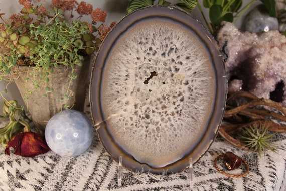 Agate and Clear Quartz Crystal Geode Slice with Rainbows, 22.6 oz