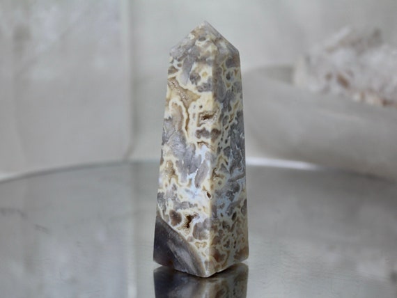 Flower Agate and Quartz Crystal Obelisk with Druzy, AA Quality, 5.6 oz Crystal Tower from Indonesia, High Vibration, Energy Cleansed