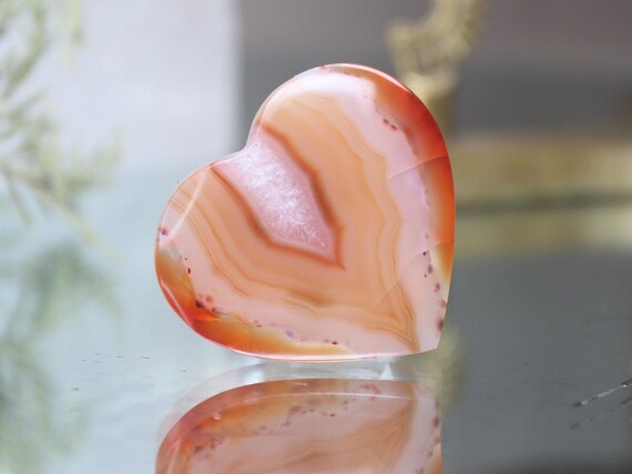 XS Carnelian and Clear Quartz Heart, AAA++ Gem Quality, 0.6 oz Polished Crystal from Indonesia, Gift for Valentine, Love