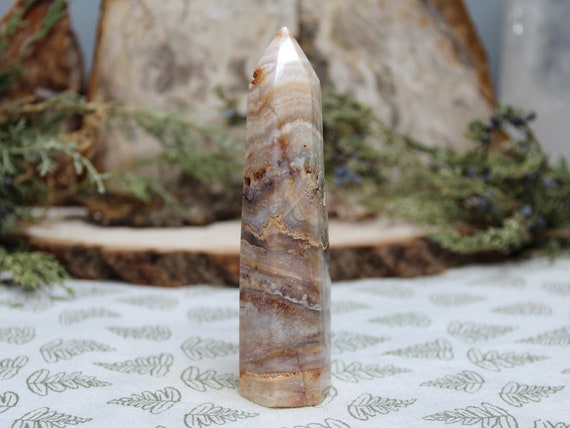 AA+ Natural Pink Crazy Lace Agate Tower with Druzy and Quartz, 5.3 oz High Quality Rare Pink Agate Generator Point from Indonesia