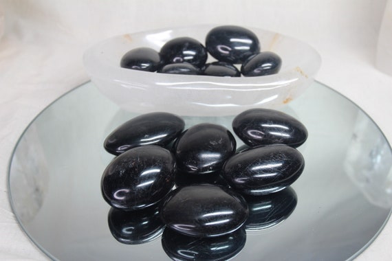 Black Tourmaline Crystal Palm Stones, A-AA+ Quality, ~3.7 oz Schorl All Polish Crystal Soapstone from Brazil
