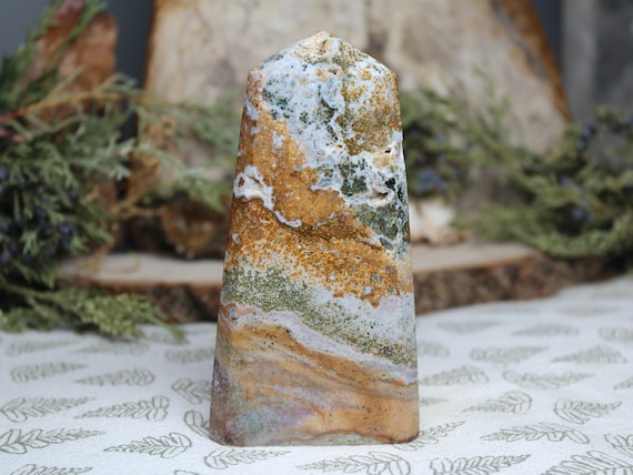 AAA+++ Ocean Jasper Tower with Druzy and Clear Quartz, 14.0 oz Polished Generator Point from Indonesia