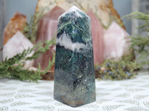 A+ 0.82 lb Moss Agate and Clear Quartz Tower with Druzy, 13.2 oz Polished Agate Obelisk from Indonesia