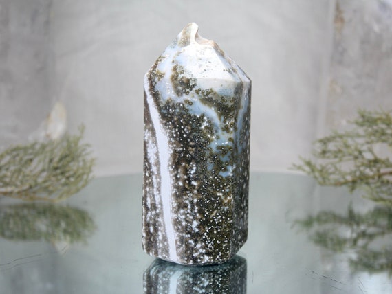 0.82 lb Ocean Jasper Generator Point with Druzy, AAA+ Quality, 13.1 oz Jasper Crystal Tower from Brazil