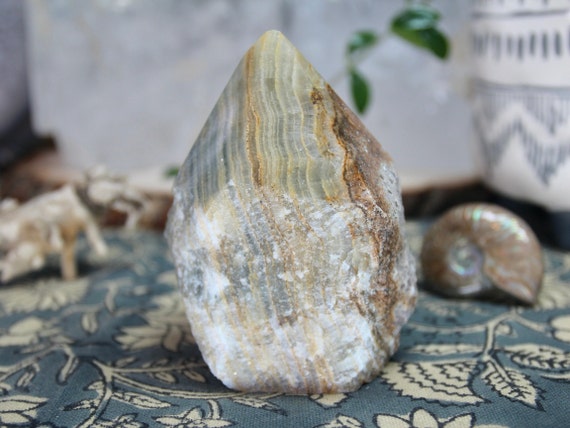 A+ Pale Green/ Blue Banded Onyx Crystal Generator Point with Rainbows, Top Polish with Raw Edge, 14.5 oz from Brazil