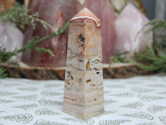 A++ Natural Crazy Lace Agate Tower with Quartz & Druzy, 4.4 oz Rare Pink Agate Obelisk from Indonesia