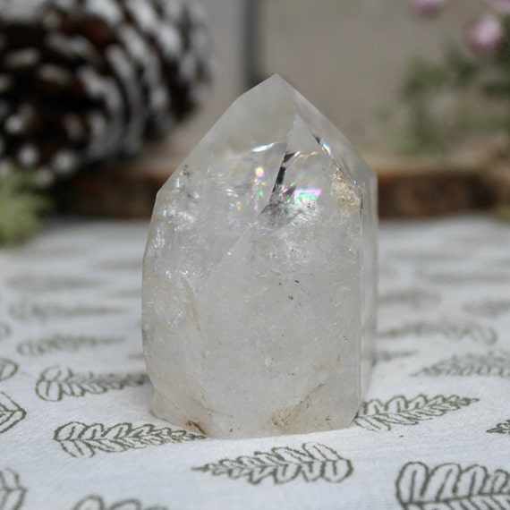 AA+ 0.35 lb Ultra Clear Quartz Crystal Tower, All Polish Generator Point with Amazing Rainbow Foils, 5.6 oz from Brazil